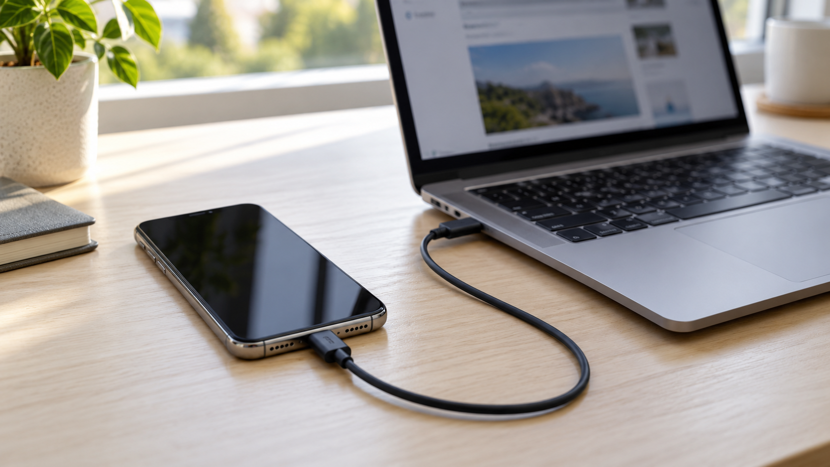 Smartphone con schermo spento collegato tramite cavo USB a un computer portatile su una scrivania.