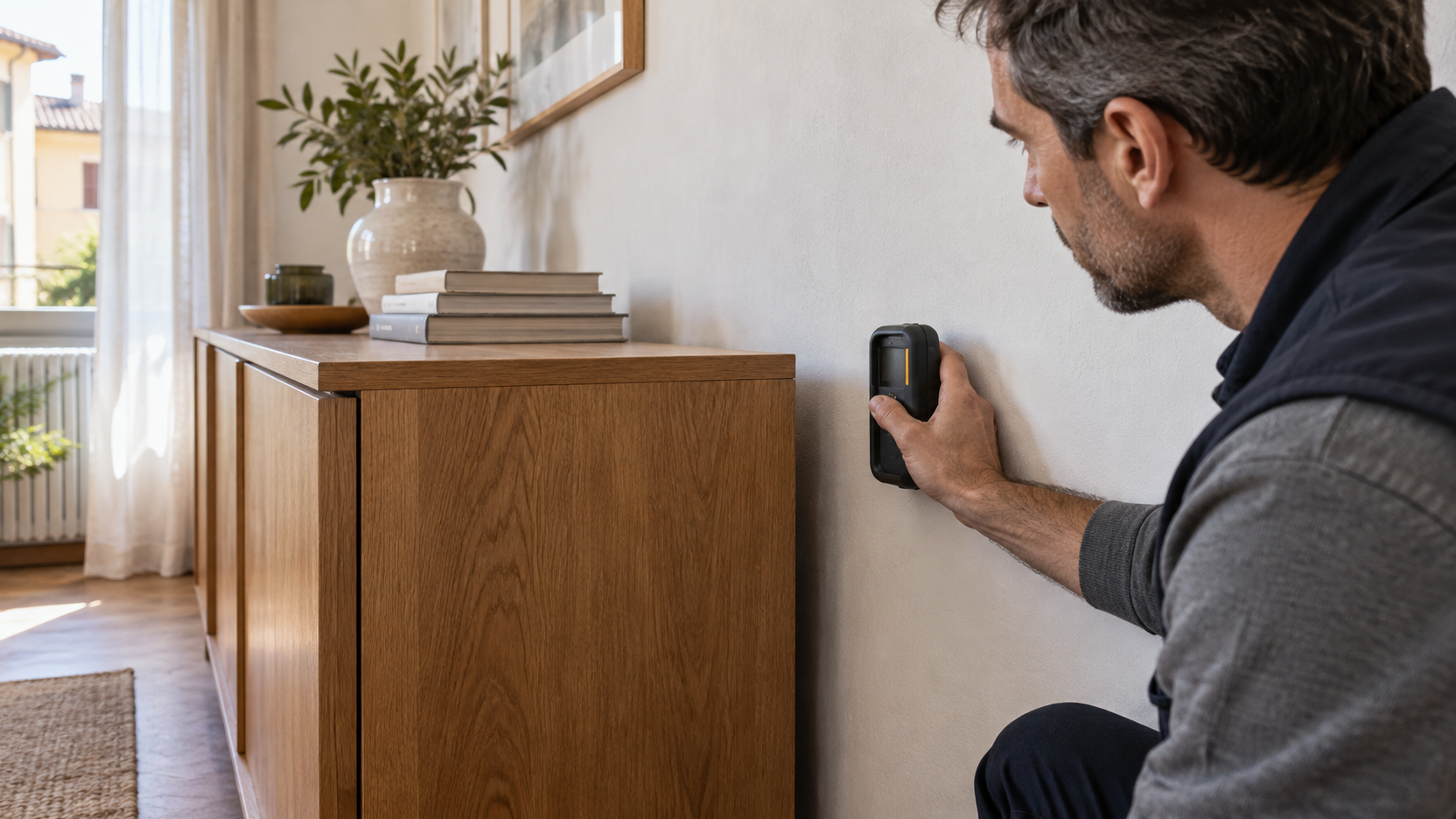 Tecnico che controlla con un misuratore di umidità una parete senza macchie visibili accanto a un mobile in legno